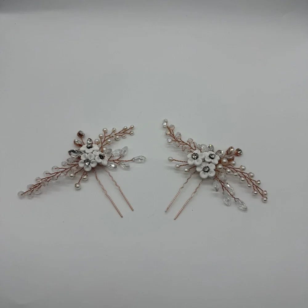 Bridal Flower Hair Pins Rose Gold Wedding Crystal Pearl Floral Hair‎ Clips Set 2